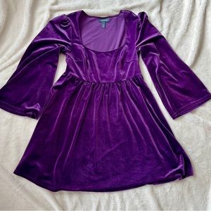 Purple Velour Babydoll Dress With Bell Sleeves By ModCloth